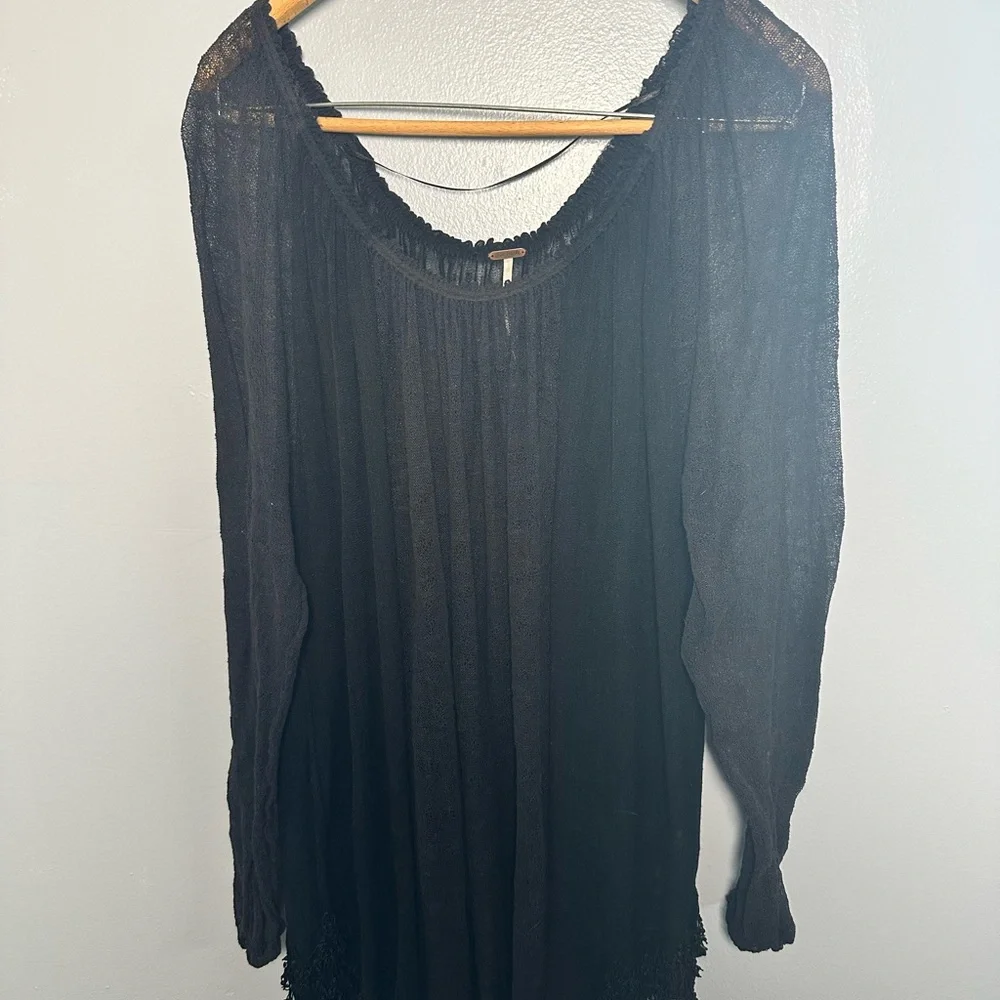 Free People Black Sheer Off-Shoulder Dress Crochet Oversized SP